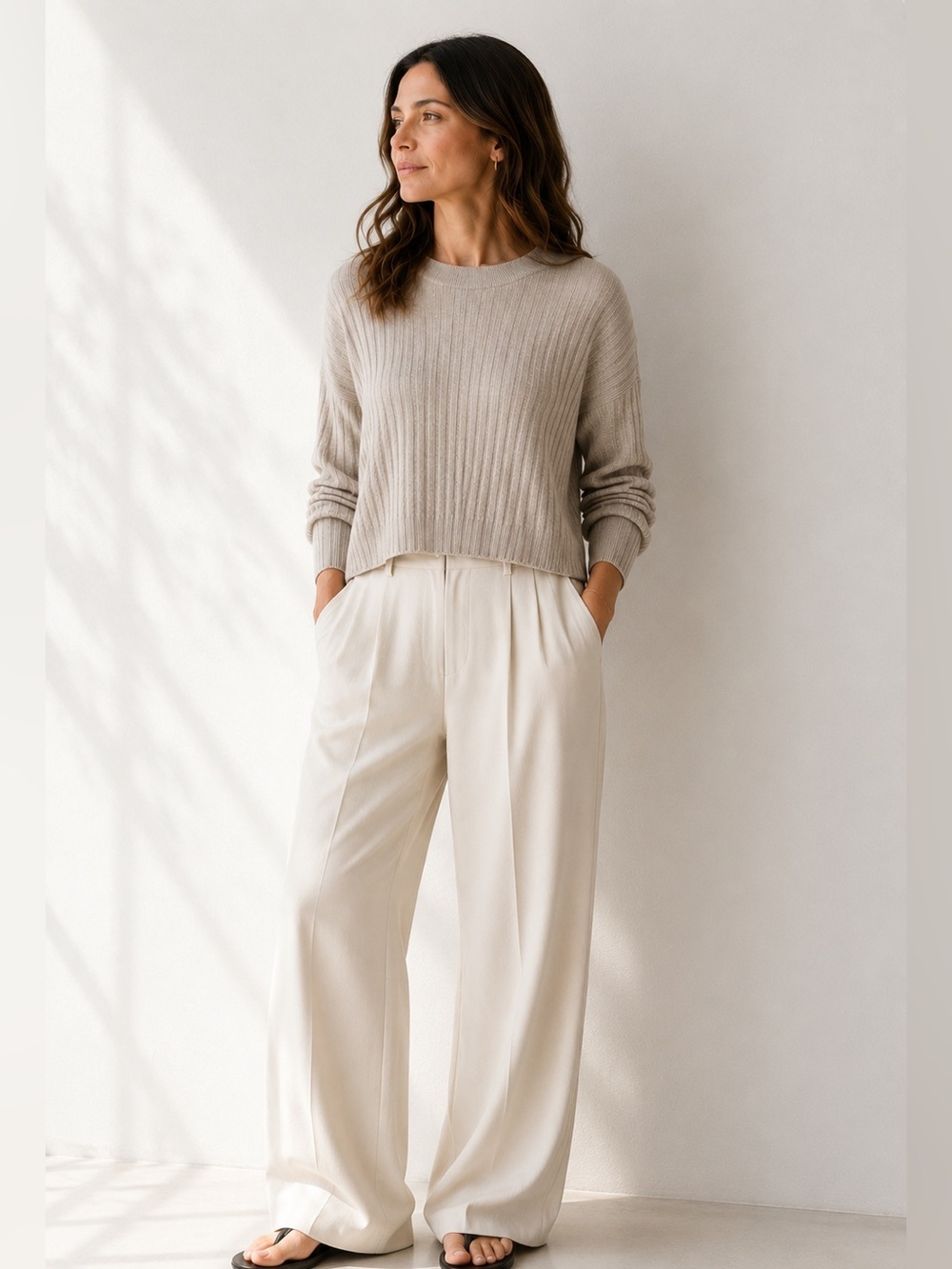 Eileen Fisher XS 100% Extra Fine Merino Wool Rib Knit Cropped Sweater Oatmeal